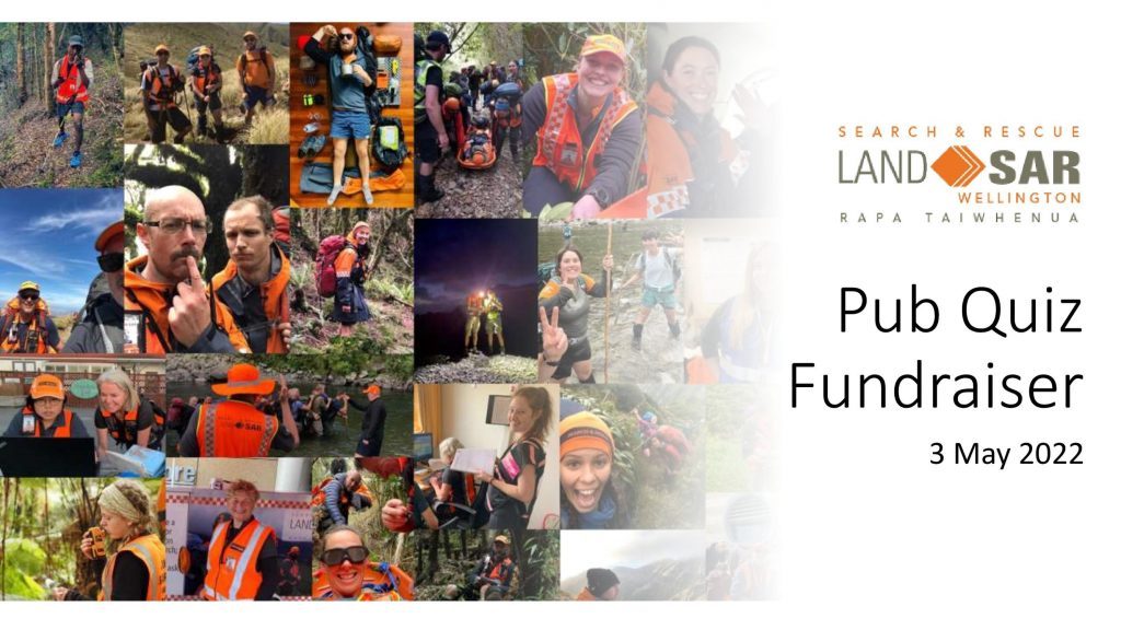 Banner with collage of photos of LandSAR Wellington Members, with the LandSAR logo and pub quiz details.